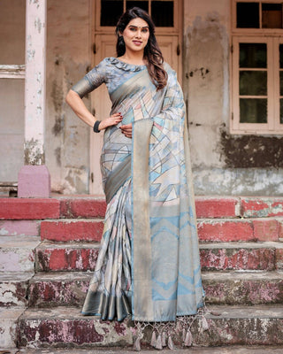 Elegant Pastel Blue Banarasi Silk Saree with Intricate Geometric Design and Zari Work Tassel Pallu BANARASI PRINTED