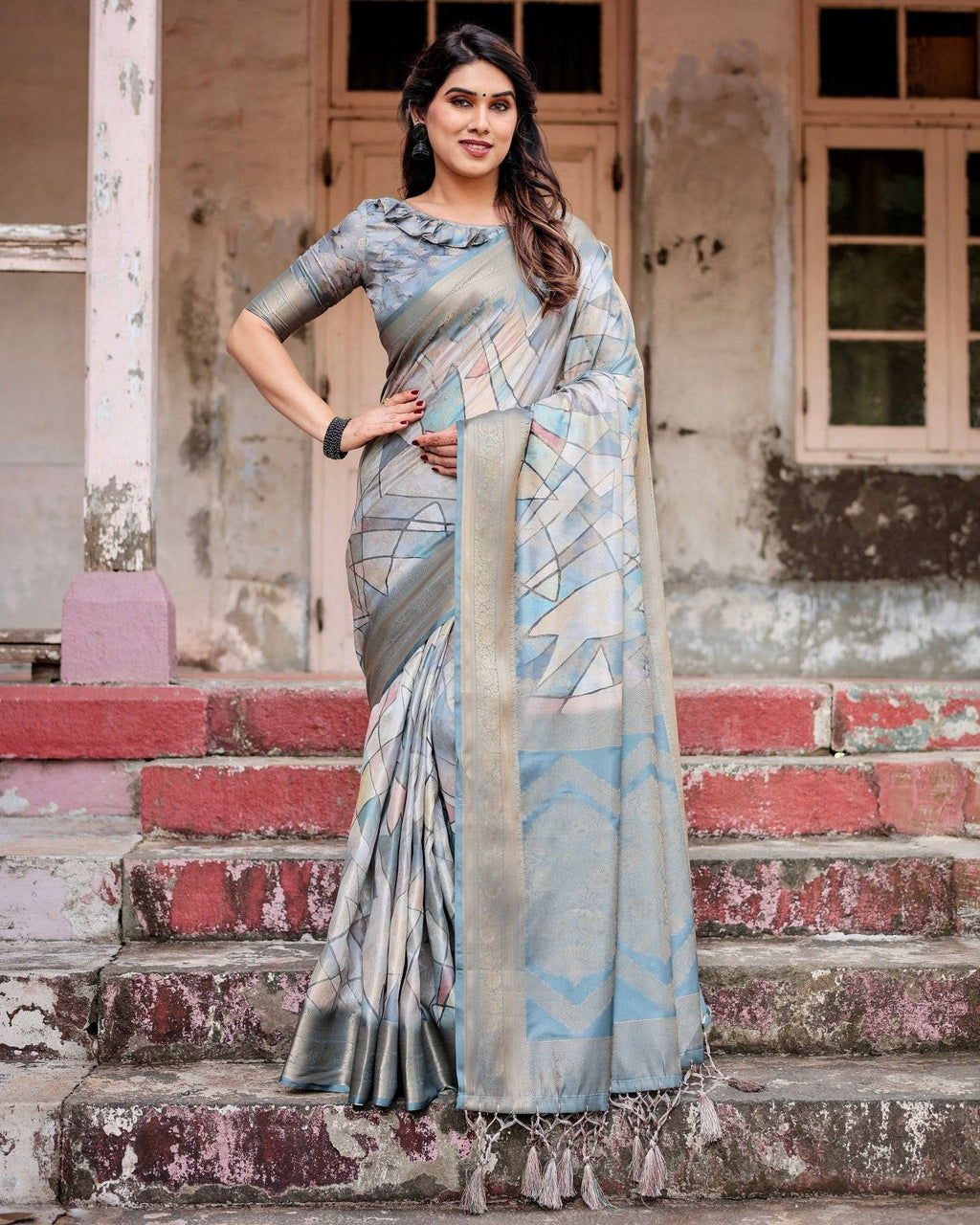 Elegant Pastel Blue Banarasi Silk Saree with Intricate Geometric Design and Zari Work Tassel Pallu BANARASI PRINTED