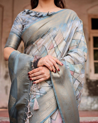 Elegant Pastel Blue Banarasi Silk Saree with Intricate Geometric Design and Zari Work Tassel Pallu BANARASI PRINTED