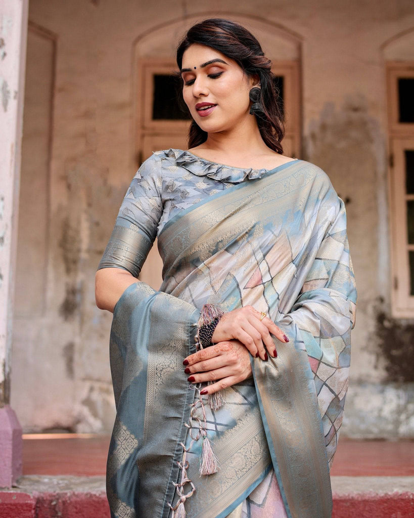 Elegant Pastel Blue Banarasi Silk Saree with Intricate Geometric Design and Zari Work Tassel Pallu BANARASI PRINTED