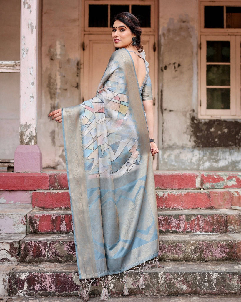 Elegant Pastel Blue Banarasi Silk Saree with Intricate Geometric Design and Zari Work Tassel Pallu BANARASI PRINTED