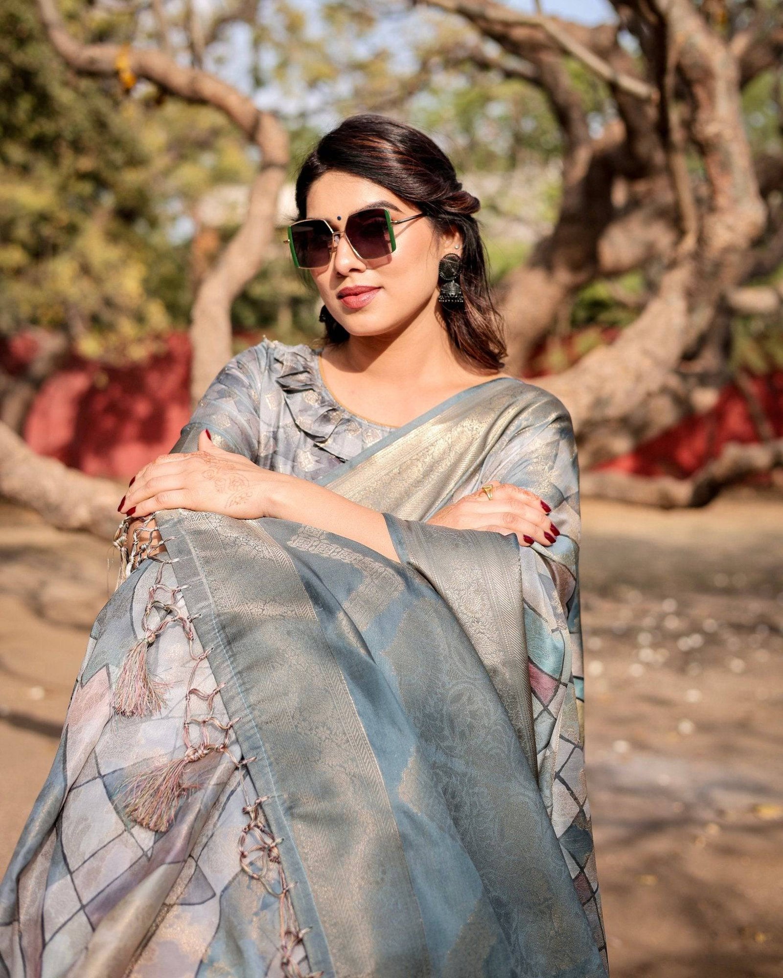 Elegant Pastel Blue Banarasi Silk Saree with Intricate Geometric Design and Zari Work Tassel Pallu BANARASI PRINTED