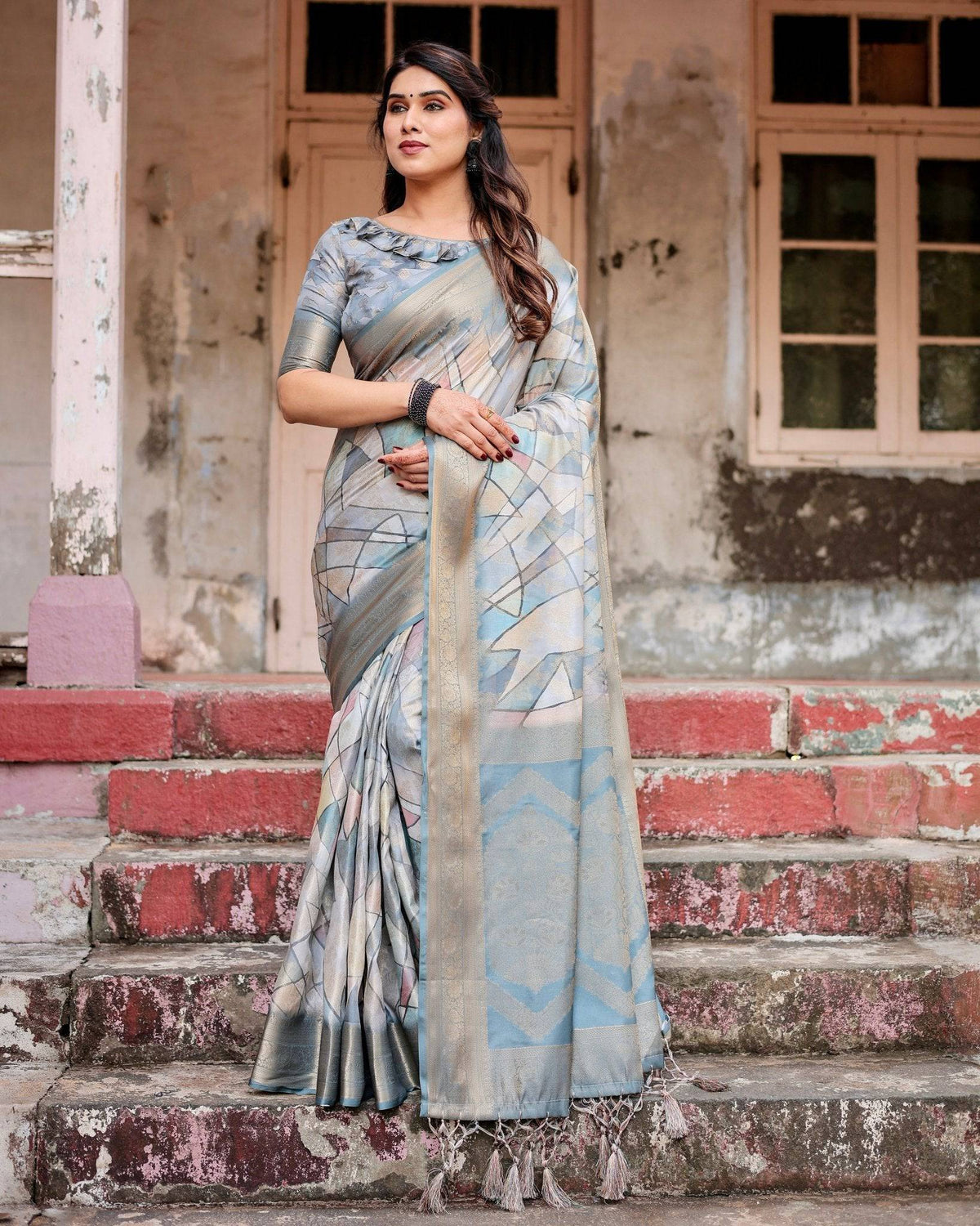 Elegant Pastel Blue Banarasi Silk Saree with Intricate Geometric Design and Zari Work Tassel Pallu BANARASI PRINTED Main image