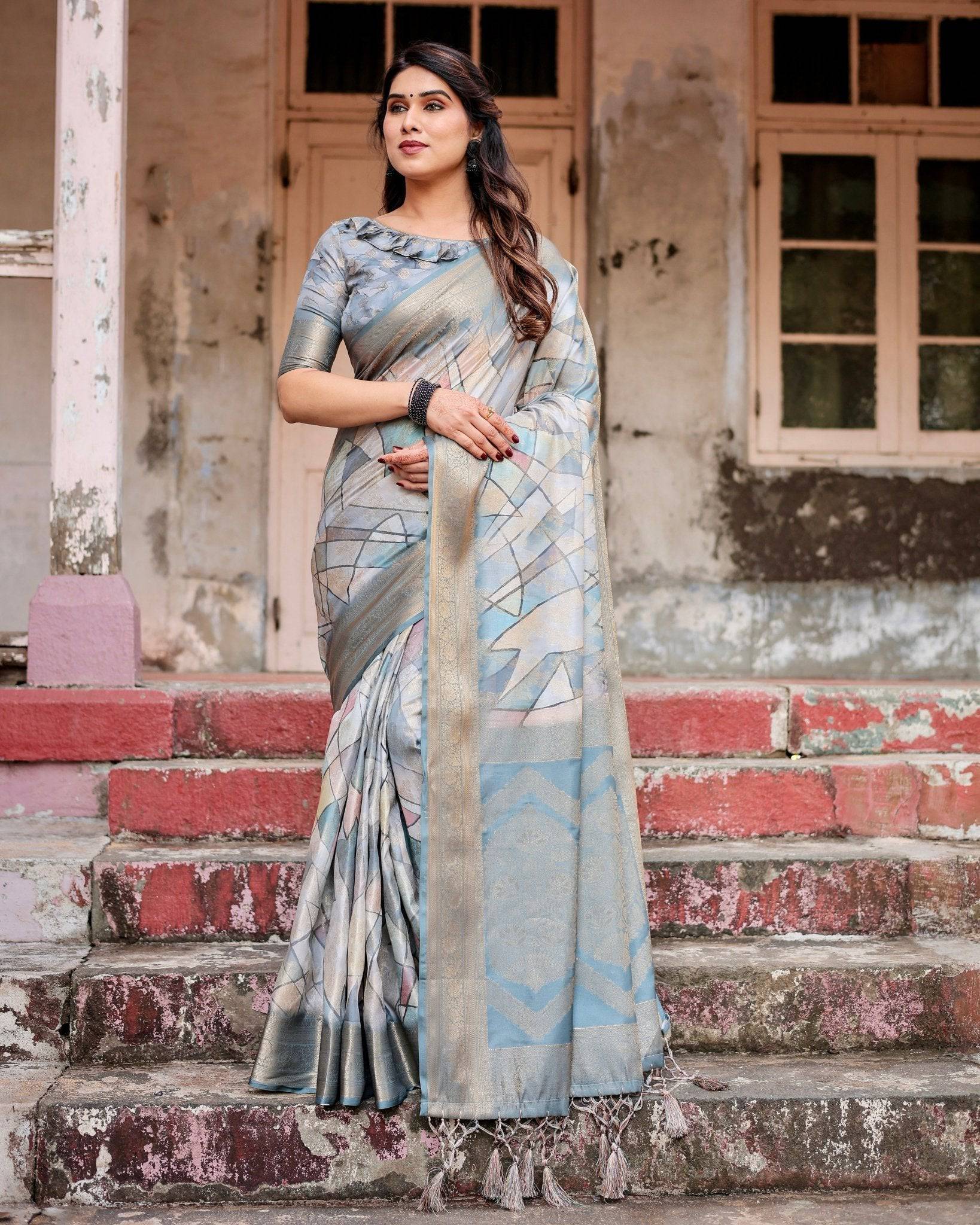 Elegant Pastel Blue Banarasi Silk Saree with Intricate Geometric Design and Zari Work Tassel Pallu BANARASI PRINTED Main image