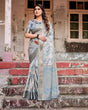 Load image into Gallery viewer, Elegant Pastel Blue Banarasi Silk Saree with Intricate Geometric Design and Zari Work Tassel Pallu BANARASI PRINTED