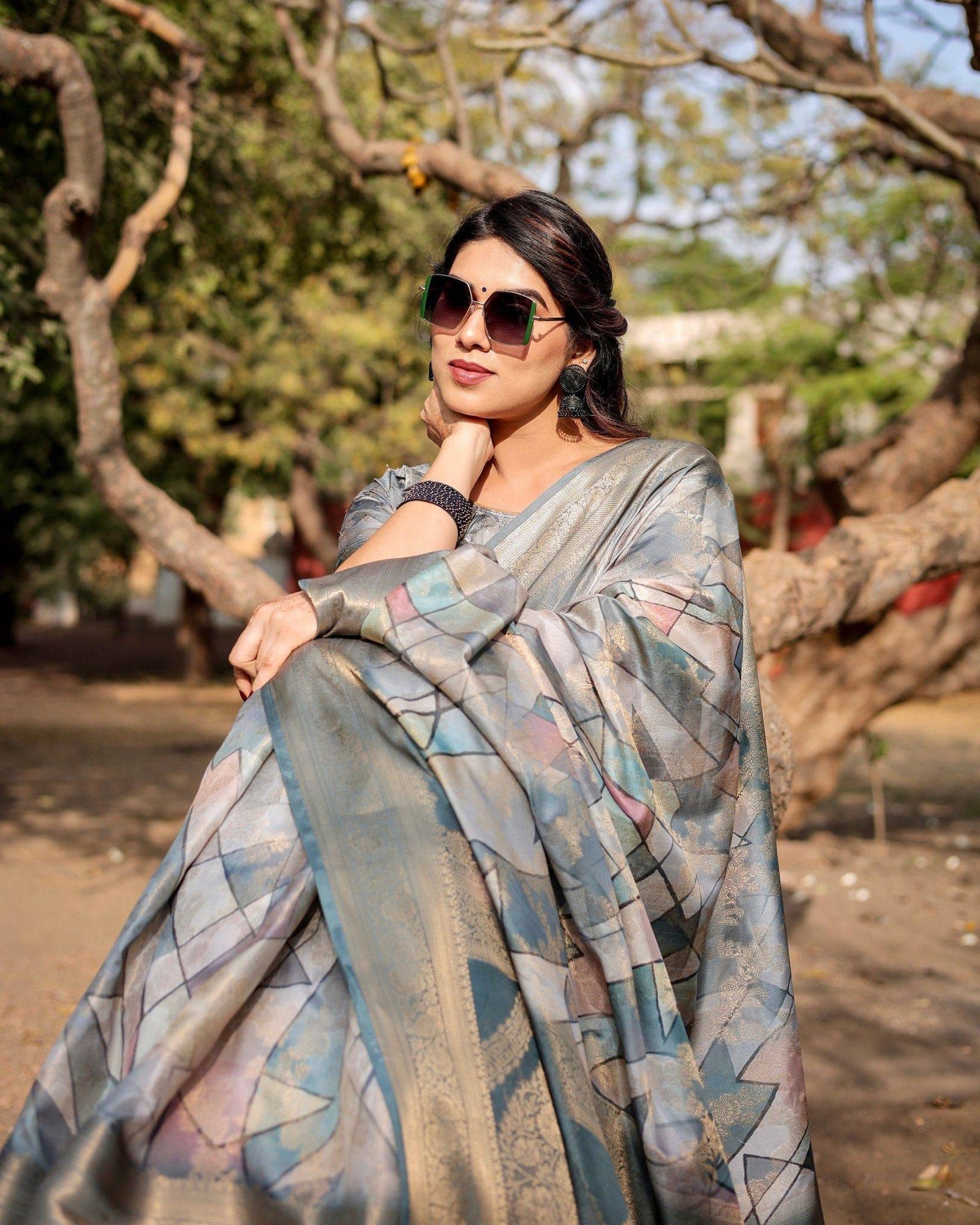 Elegant Pastel Blue Banarasi Silk Saree with Intricate Geometric Design and Zari Work Tassel Pallu BANARASI PRINTED