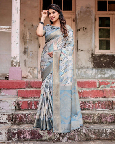 Elegant Pastel Blue Banarasi Silk Saree with Intricate Geometric Design and Zari Work Tassel Pallu BANARASI PRINTED
