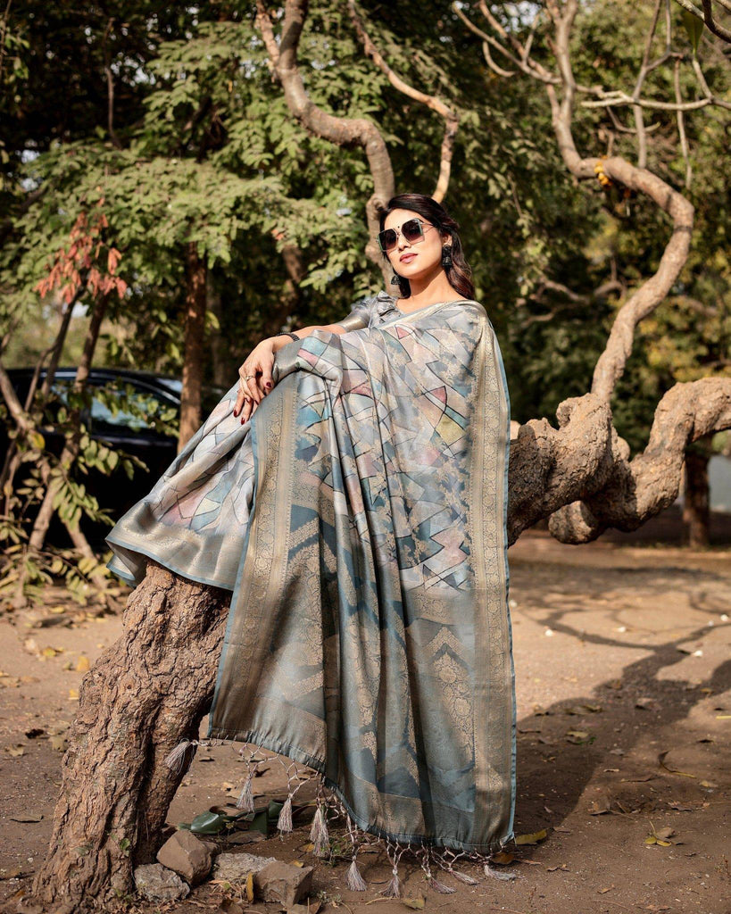 Elegant Pastel Blue Banarasi Silk Saree with Intricate Geometric Design and Zari Work Tassel Pallu BANARASI PRINTED