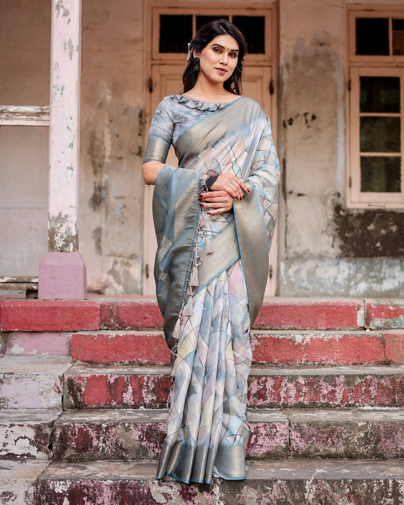 Elegant Pastel Blue Banarasi Silk Saree with Intricate Geometric Design and Zari Work Tassel Pallu BANARASI PRINTED