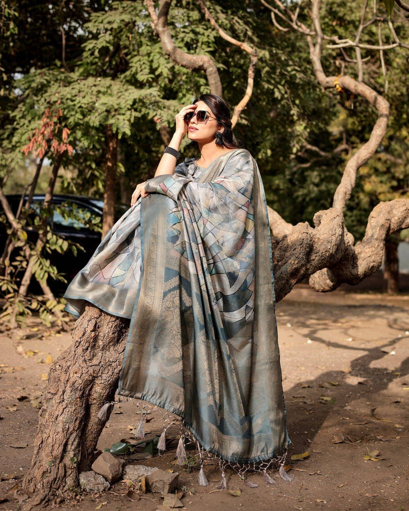 Elegant Pastel Blue Banarasi Silk Saree with Intricate Geometric Design and Zari Work Tassel Pallu BANARASI PRINTED