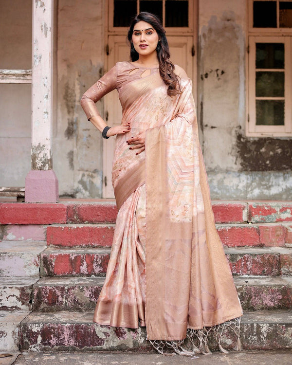 Elegant Beige Banarasi Silk Saree with Tassels and Zari Work BANARASI PRINTED
