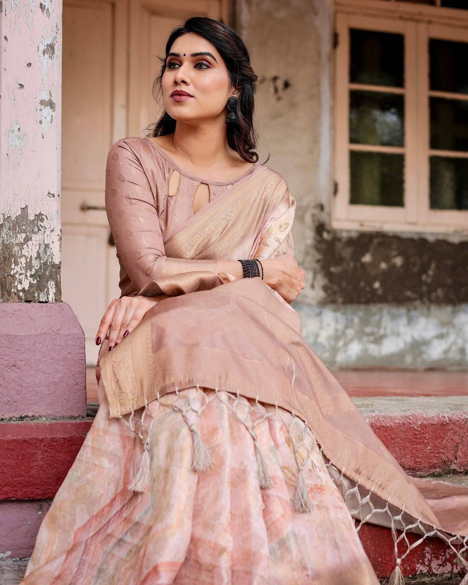 Elegant Beige Banarasi Silk Saree with Tassels and Zari Work BANARASI PRINTED