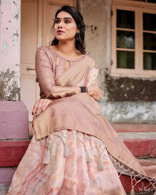 Elegant Beige Banarasi Silk Saree with Tassels and Zari Work BANARASI PRINTED