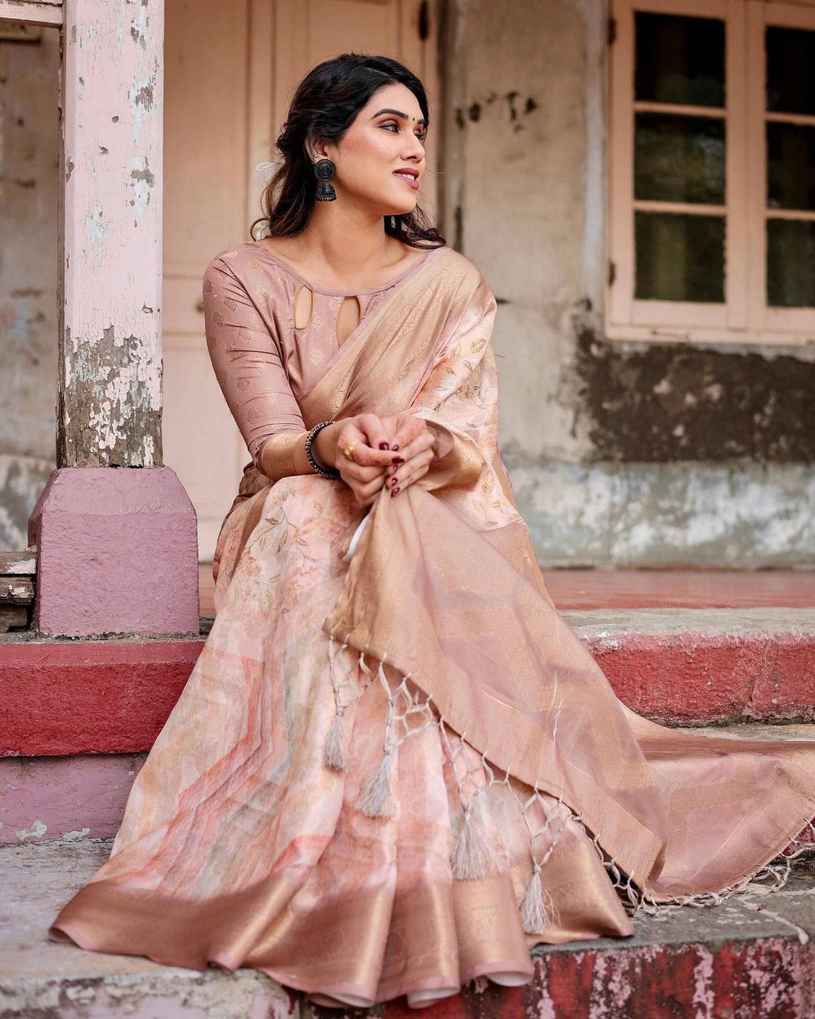 Elegant Beige Banarasi Silk Saree with Tassels and Zari Work BANARASI PRINTED
