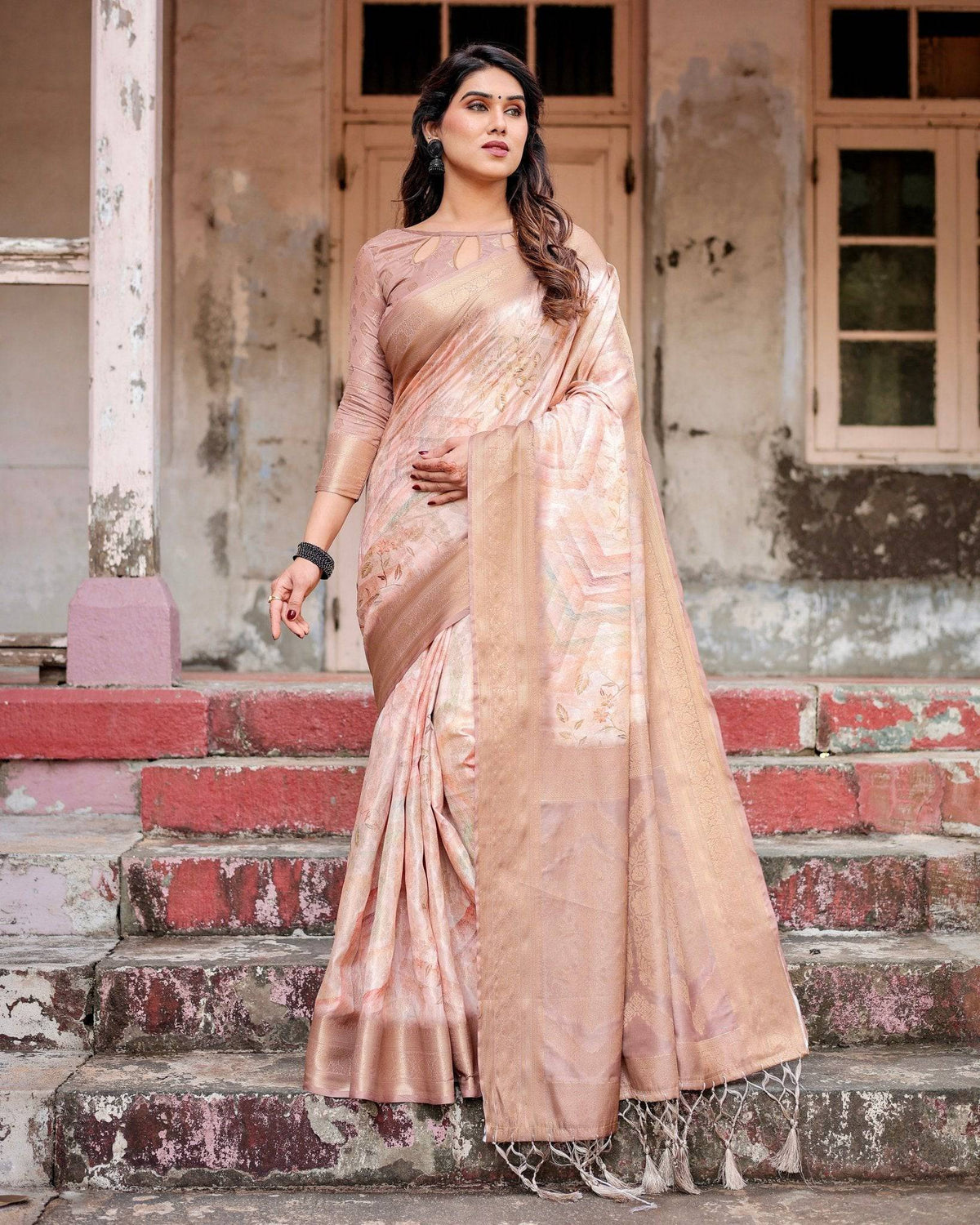 Elegant Beige Banarasi Silk Saree with Tassels and Zari Work BANARASI PRINTED Main image