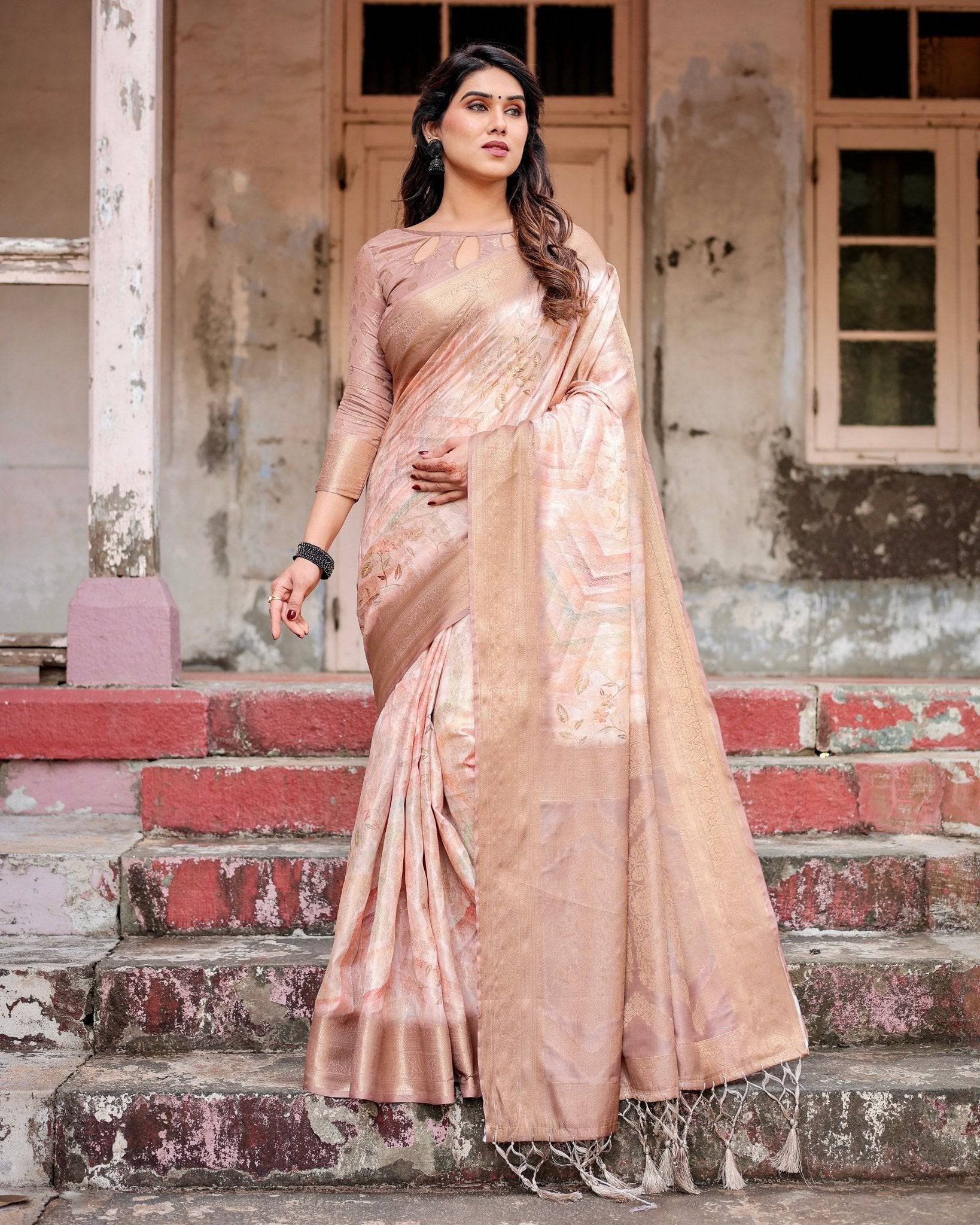 Elegant Beige Banarasi Silk Saree with Tassels and Zari Work BANARASI PRINTED Main image