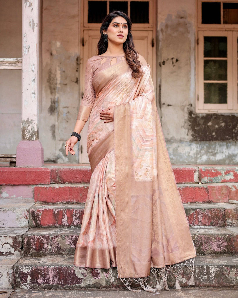 Elegant Beige Banarasi Silk Saree with Tassels and Zari Work BANARASI PRINTED