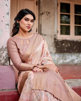 Elegant Beige Banarasi Silk Saree with Tassels and Zari Work BANARASI PRINTED
