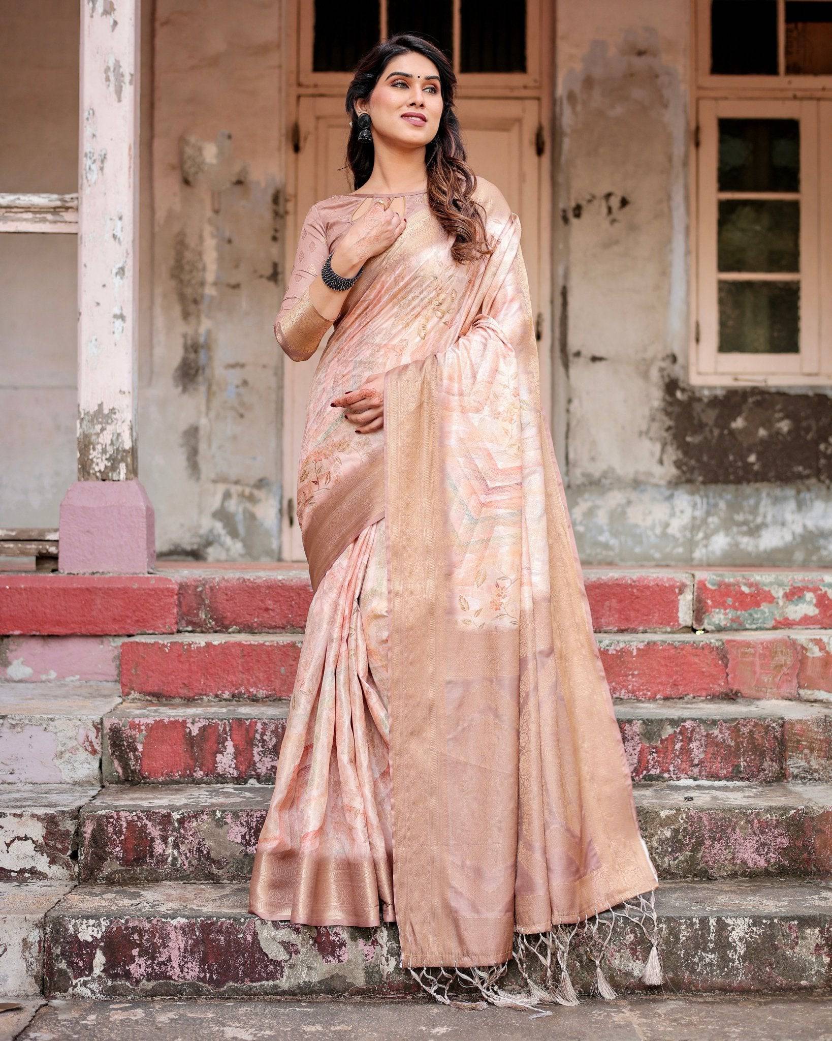 Elegant Beige Banarasi Silk Saree with Tassels and Zari Work Secondary image