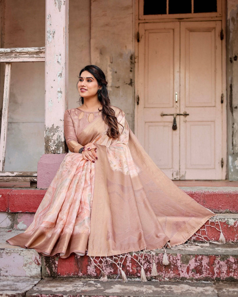 Elegant Beige Banarasi Silk Saree with Tassels and Zari Work BANARASI PRINTED