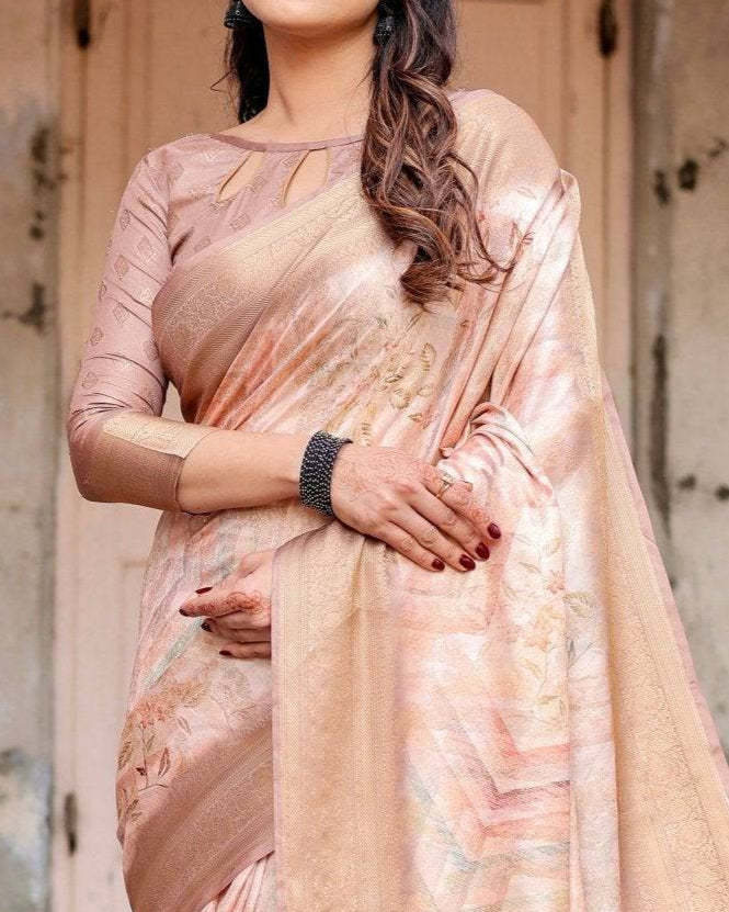Elegant Beige Banarasi Silk Saree with Tassels and Zari Work BANARASI PRINTED