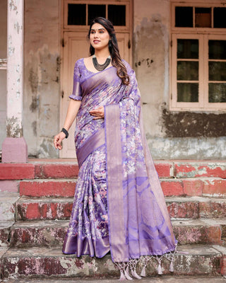 Elegant Purple Banarasi Silk Saree with Floral Weave, Zari Border, and Tassels BANARASI PRINTED