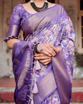 Elegant Purple Banarasi Silk Saree with Floral Weave, Zari Border, and Tassels BANARASI PRINTED