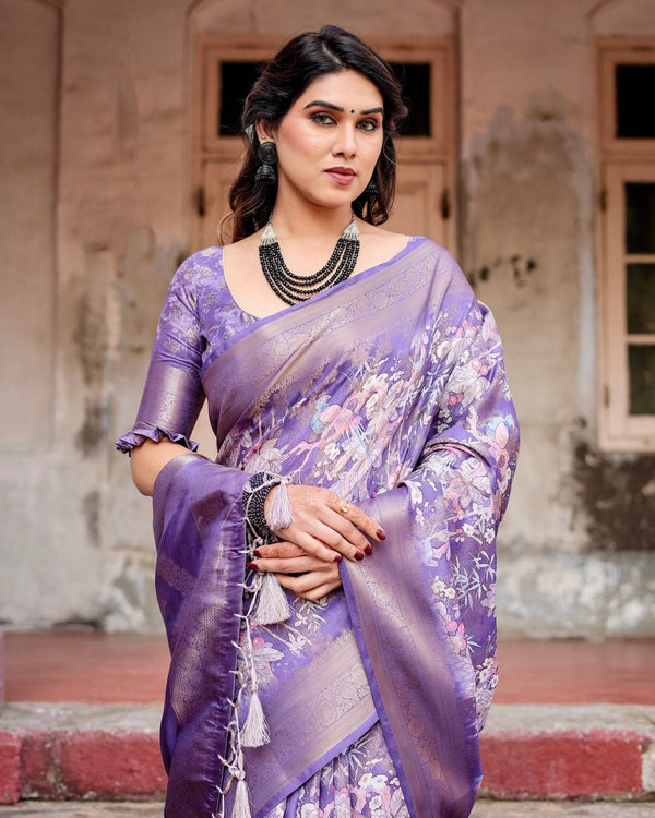 Elegant Purple Banarasi Silk Saree with Floral Weave, Zari Border, and Tassels BANARASI PRINTED