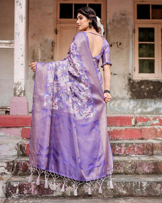 Elegant Purple Banarasi Silk Saree with Floral Weave, Zari Border, and Tassels BANARASI PRINTED