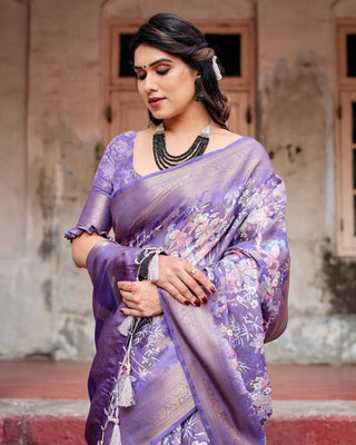 Elegant Purple Banarasi Silk Saree with Floral Weave, Zari Border, and Tassels BANARASI PRINTED