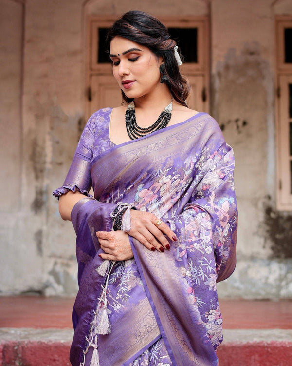Elegant Purple Banarasi Silk Saree with Floral Weave, Zari Border, and Tassels BANARASI PRINTED