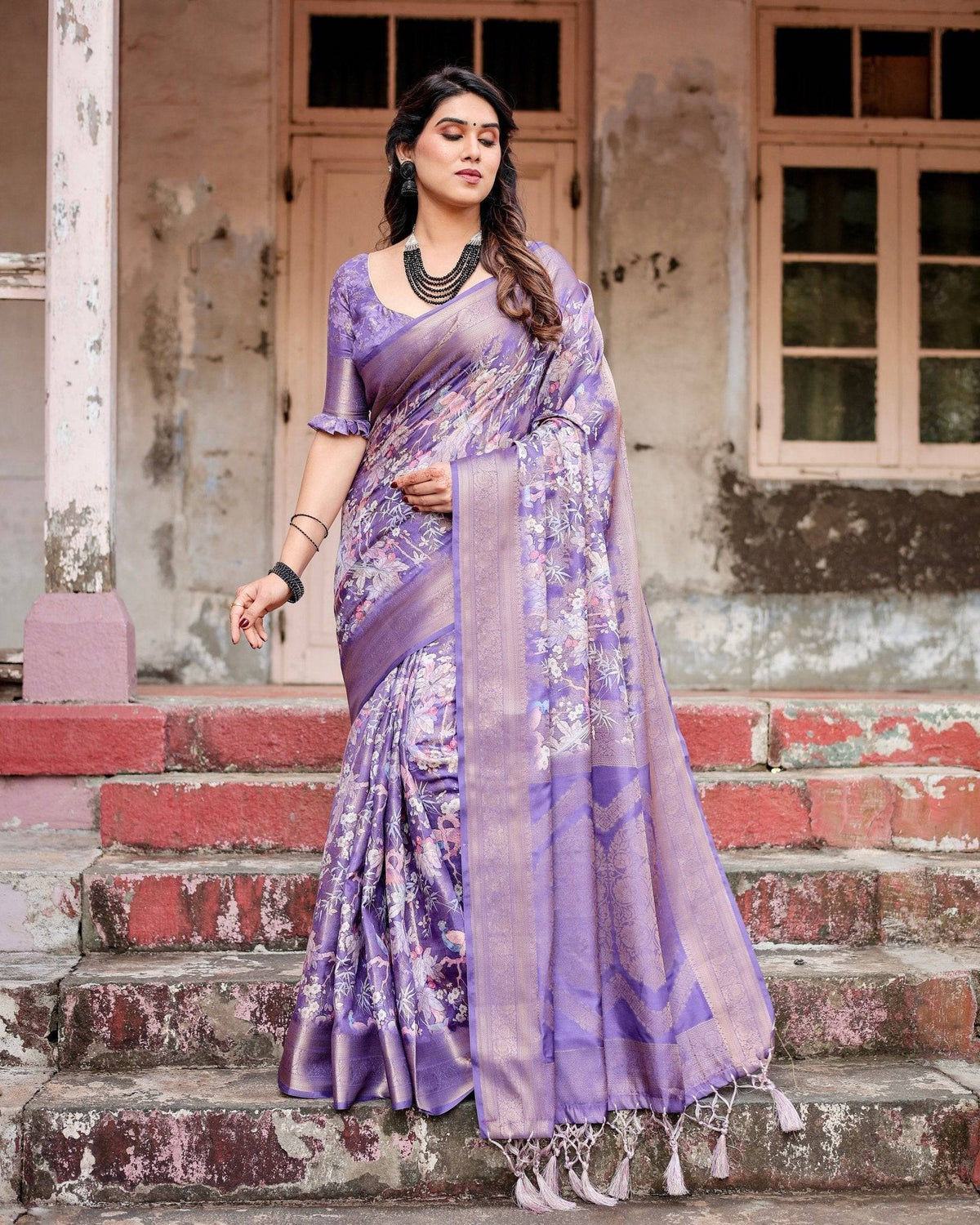 Elegant Purple Banarasi Silk Saree with Floral Weave, Zari Border, and Tassels BANARASI PRINTED Main image