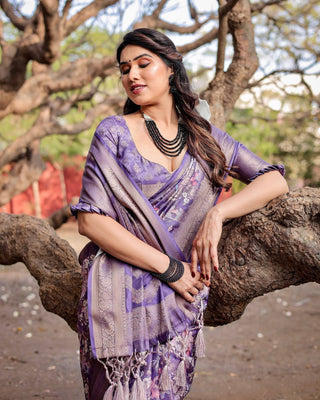 Elegant Purple Banarasi Silk Saree with Floral Weave, Zari Border, and Tassels BANARASI PRINTED