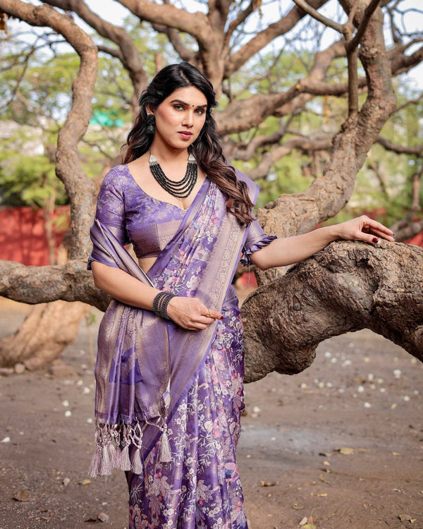 Elegant Purple Banarasi Silk Saree with Floral Weave, Zari Border, and Tassels BANARASI PRINTED