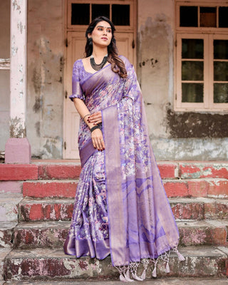 Elegant Purple Banarasi Silk Saree with Floral Weave, Zari Border, and Tassels BANARASI PRINTED