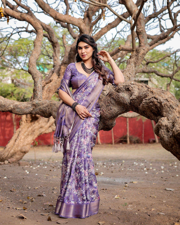 Elegant Purple Banarasi Silk Saree with Floral Weave, Zari Border, and Tassels BANARASI PRINTED