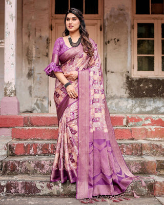 Exquisite Lavender Banarasi Silk Saree with Zari Weave and Tassels BANARASI PRINTED