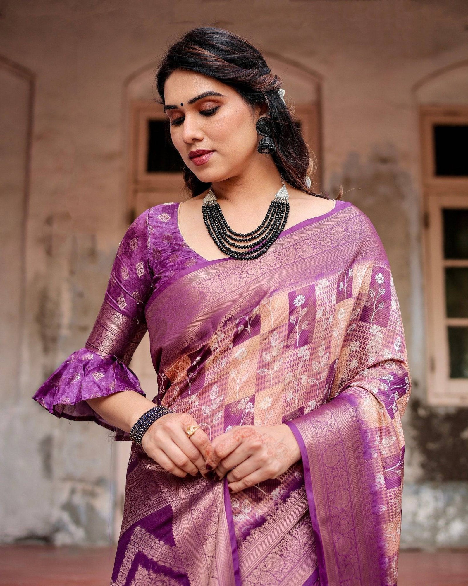 Exquisite Lavender Banarasi Silk Saree with Zari Weave and Tassels BANARASI PRINTED