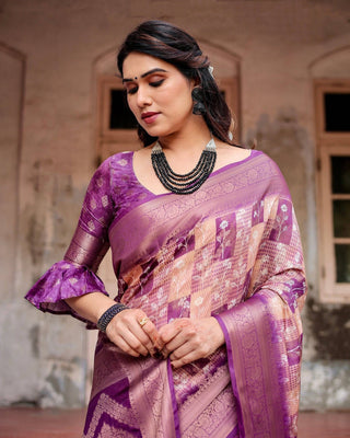 Exquisite Lavender Banarasi Silk Saree with Zari Weave and Tassels BANARASI PRINTED