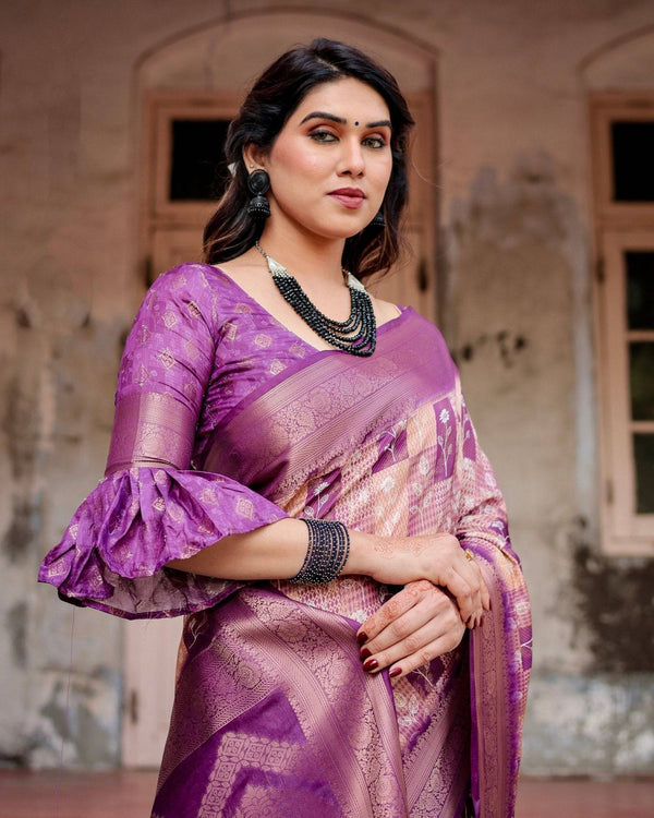 Exquisite Lavender Banarasi Silk Saree with Zari Weave and Tassels BANARASI PRINTED