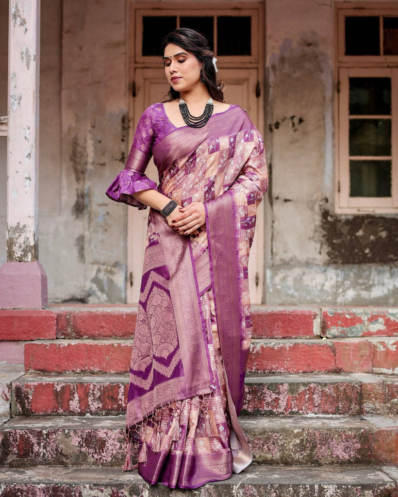 Exquisite Lavender Banarasi Silk Saree with Zari Weave and Tassels BANARASI PRINTED