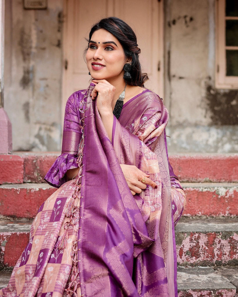 Exquisite Lavender Banarasi Silk Saree with Zari Weave and Tassels BANARASI PRINTED