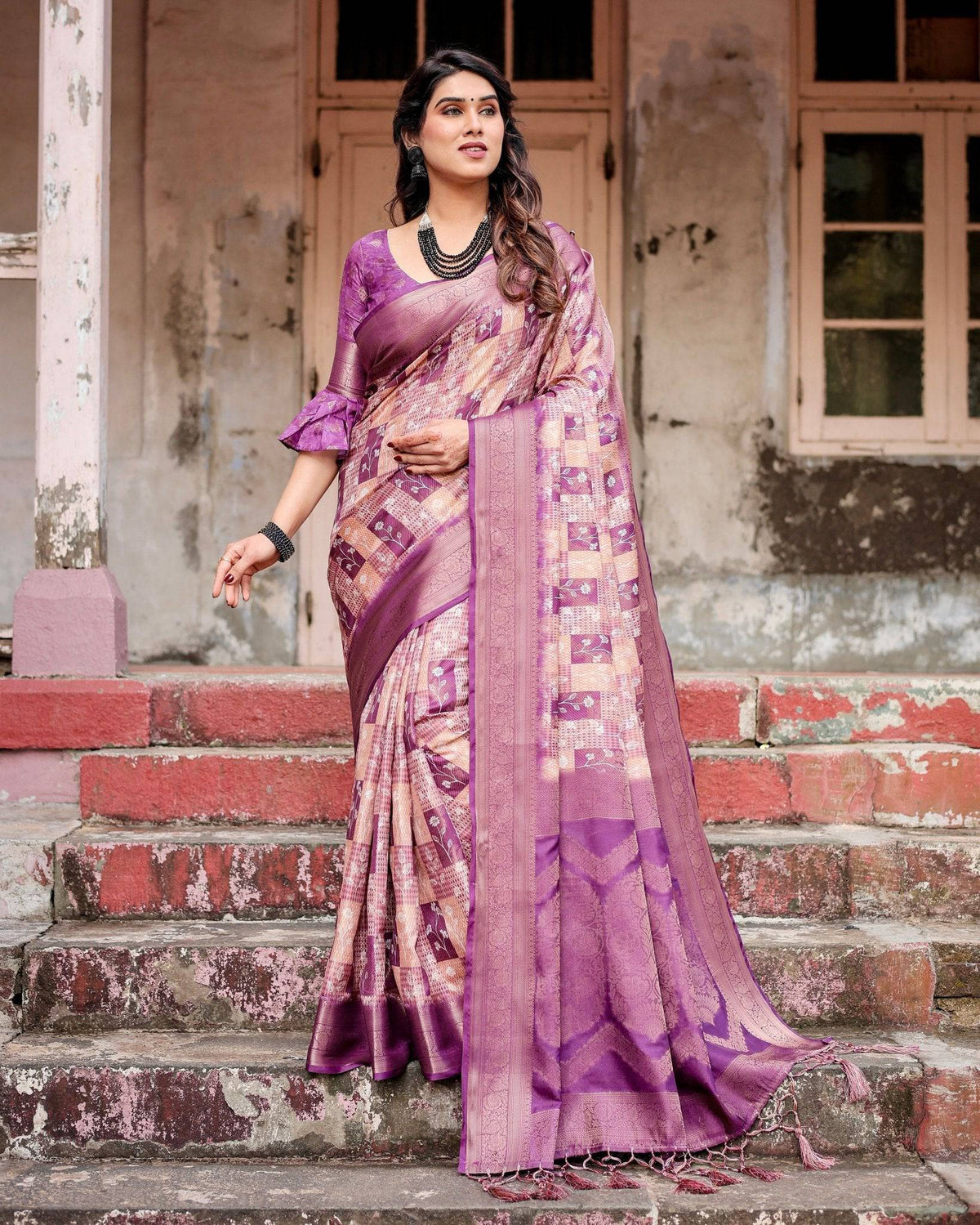 Exquisite Lavender Banarasi Silk Saree with Zari Weave and Tassels BANARASI PRINTED Main image