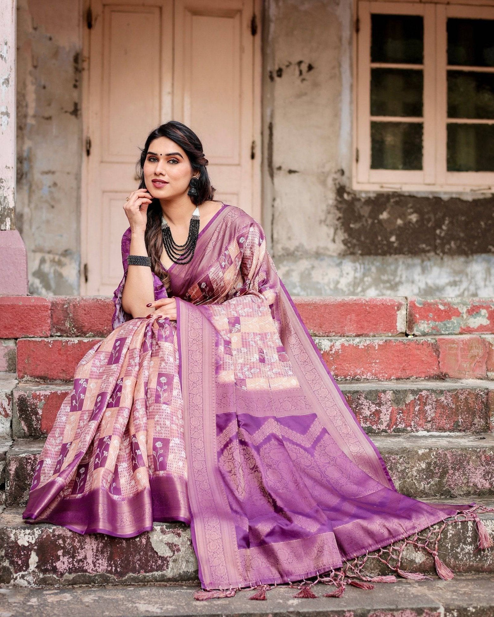 Exquisite Lavender Banarasi Silk Saree with Zari Weave and Tassels BANARASI PRINTED