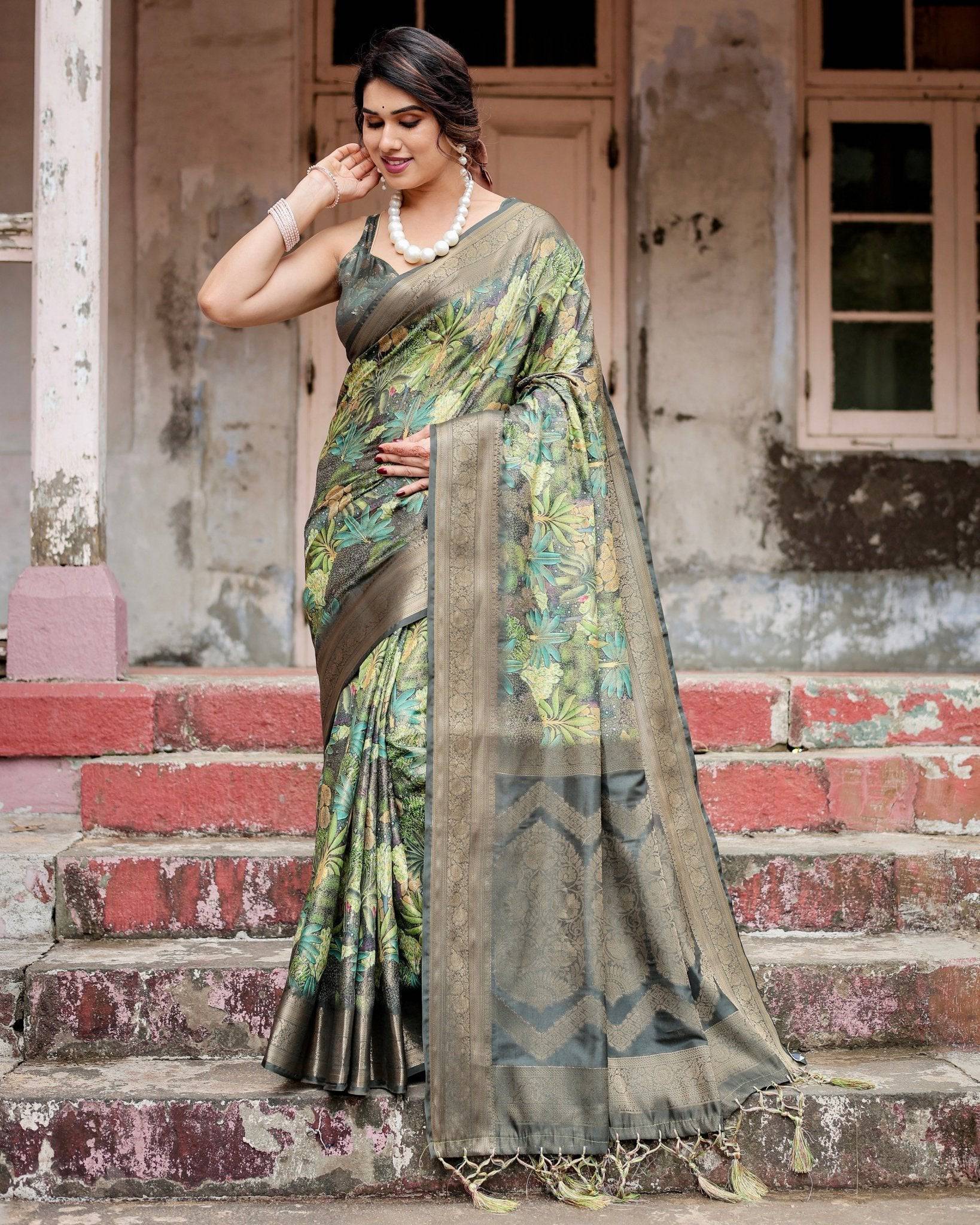 Green Banarasi Silk Saree with Lush Botanical Digital Print & Intricate Zari Border BANARASI PRINTED
