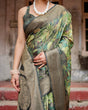 Load image into Gallery viewer, Green Banarasi Silk Saree with Lush Botanical Digital Print &amp; Intricate Zari Border BANARASI PRINTED