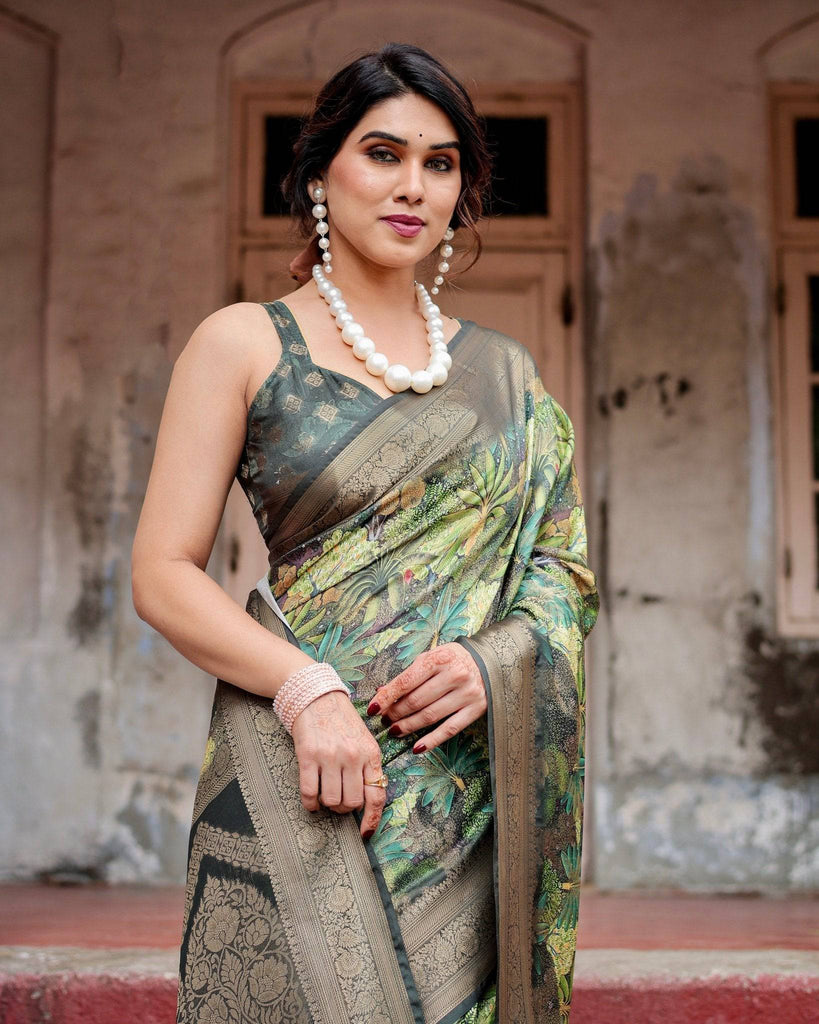 Green Banarasi Silk Saree with Lush Botanical Digital Print & Intricate Zari Border BANARASI PRINTED