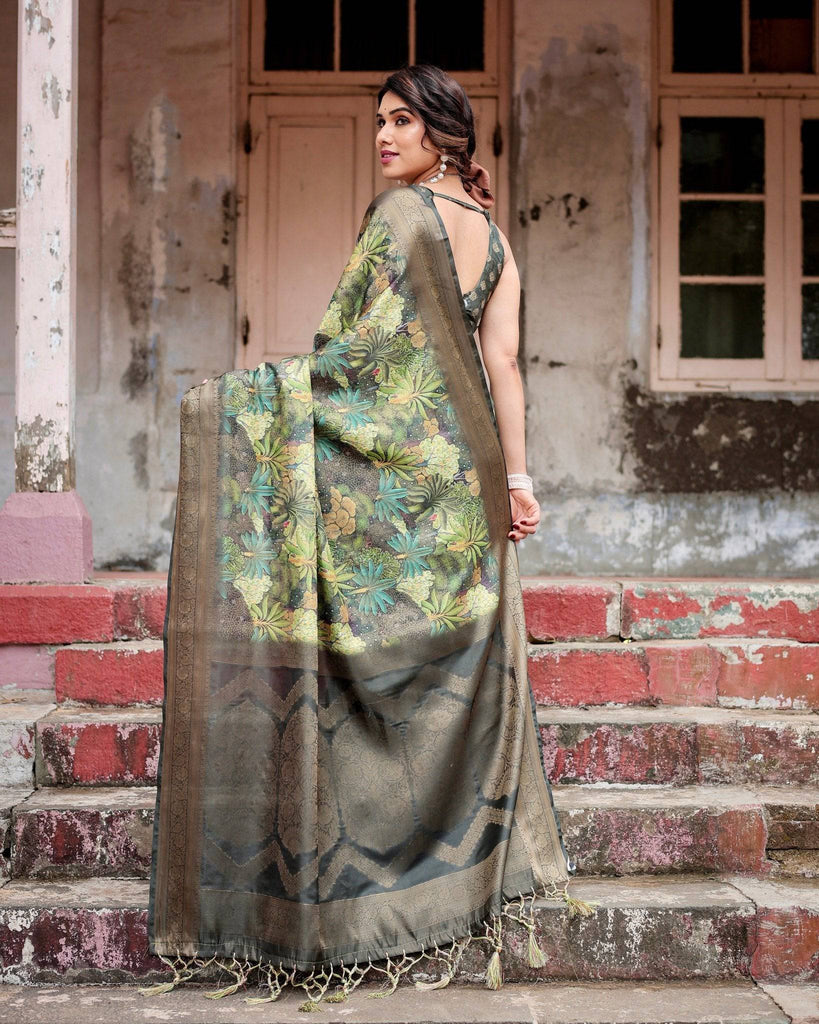 Green Banarasi Silk Saree with Lush Botanical Digital Print & Intricate Zari Border BANARASI PRINTED