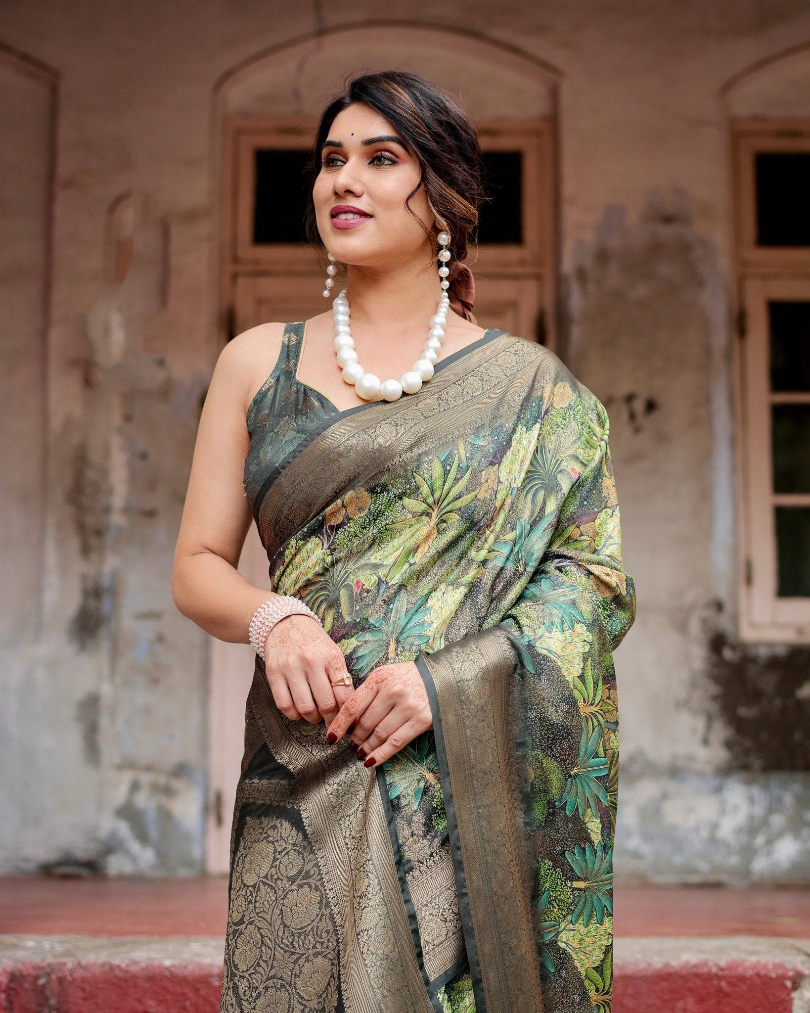 Green Banarasi Silk Saree with Lush Botanical Digital Print & Intricate Zari Border BANARASI PRINTED