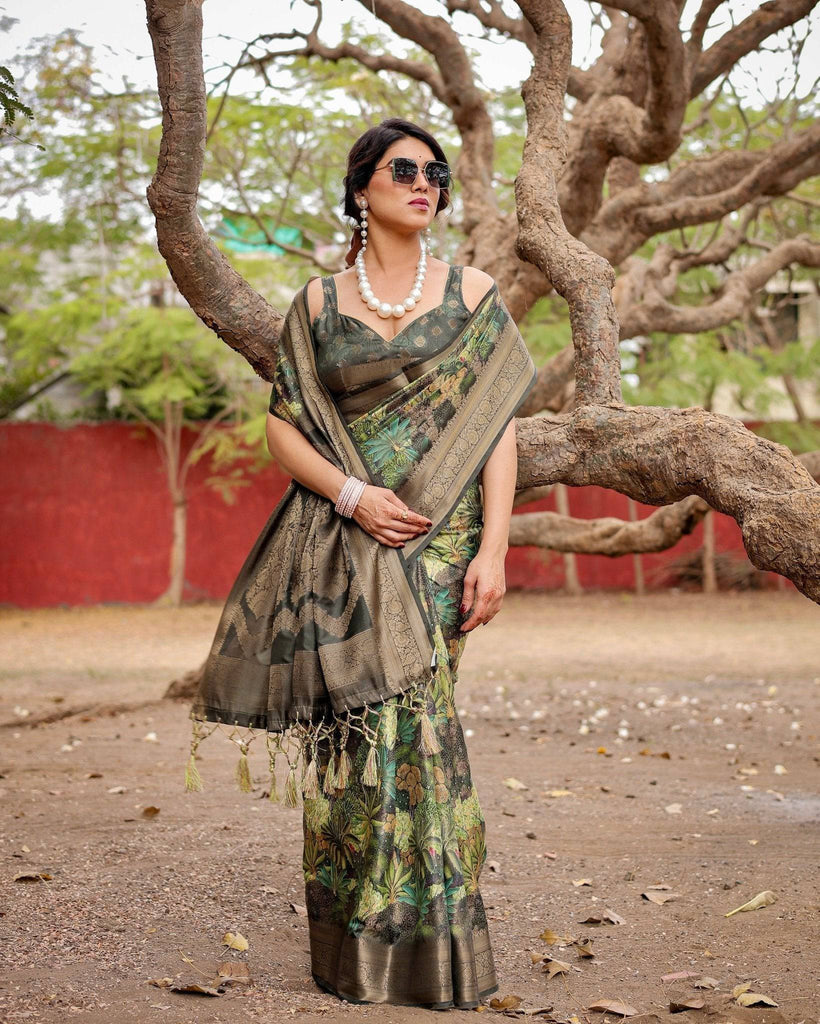 Green Banarasi Silk Saree with Lush Botanical Digital Print & Intricate Zari Border BANARASI PRINTED